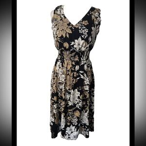 Kate And Lily Navy Gold White Floral Sleeveless V Neck Dress Elastic Waist Sz 4